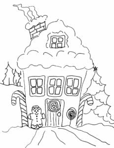 Coloring page to print of Christmas gingerbread cottage in an online art lesson
