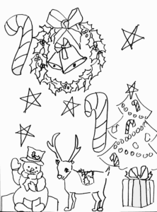 Coloring page to print and cut out to create a holiday scene in an online art lesson