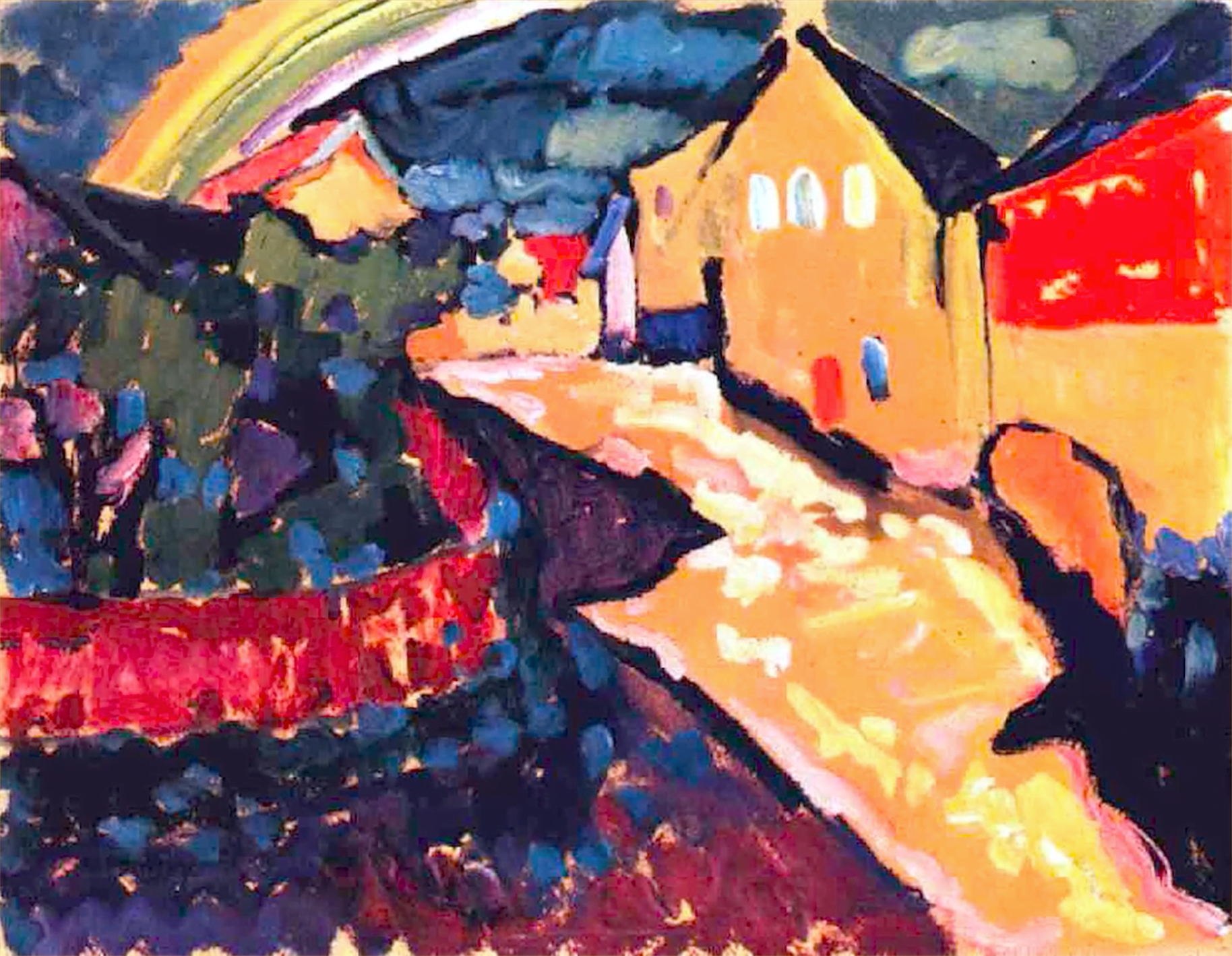 Sample of a Wassily Kandinsky abstract painting of houses along a road