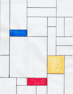 Example of abstract art using lines, red, blue and yellow for the Piet Mondrian online art lesson