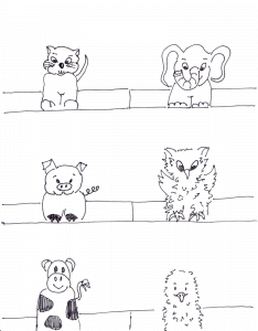 Finger puppet template with cat and elephant to print for the free online art lesson
