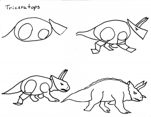 Printable directions for how to draw a triceratops from simple shapes in a free online art lesson