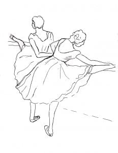 Coloring page of two ballerinas in the style of Edgar Degas