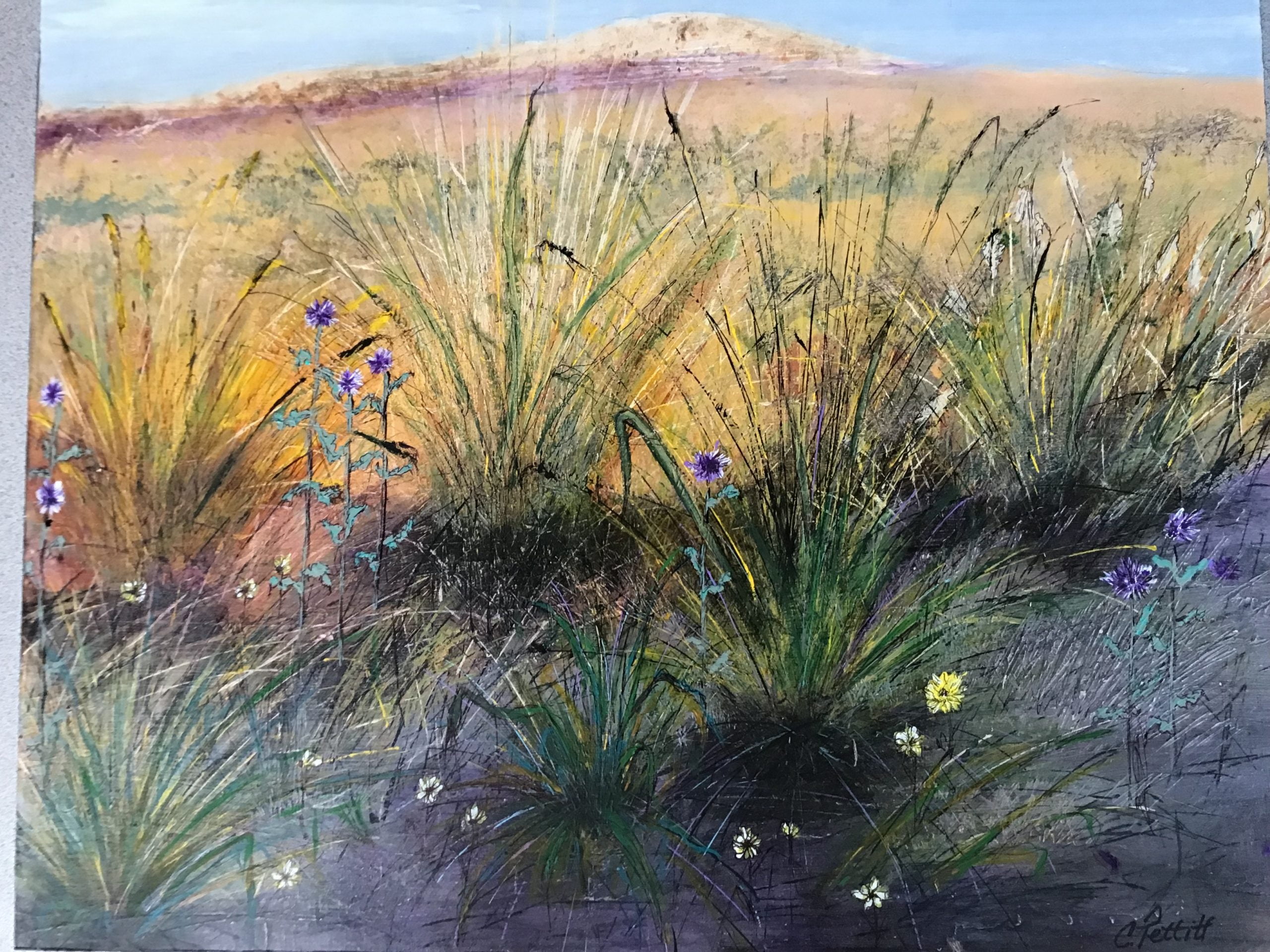 Textured landscape with grass and flowers by Carolyn Pettitt.