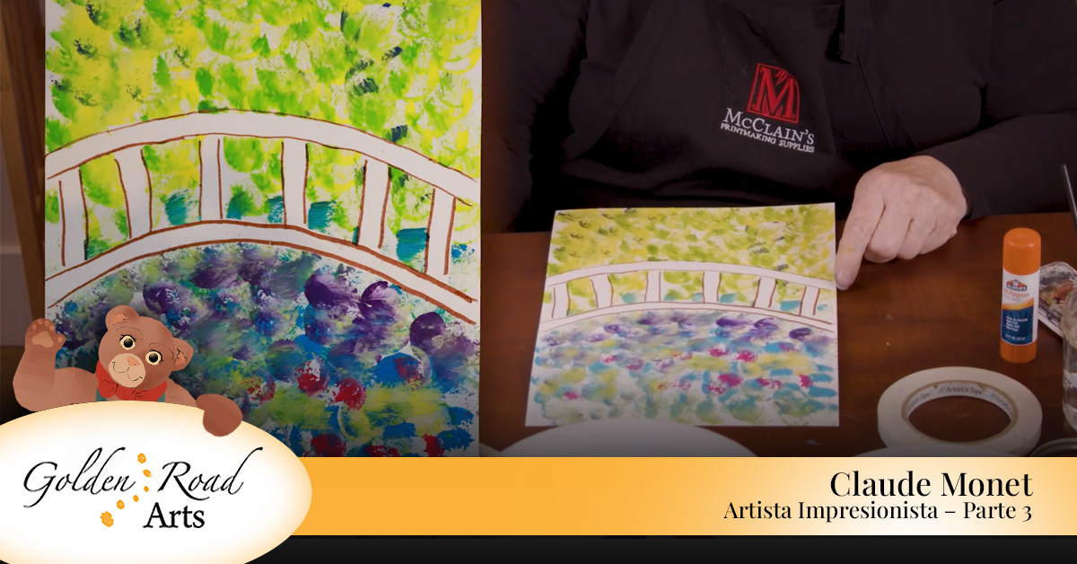 Arte infantil inspirado en Claude Monet con lirios de agua.