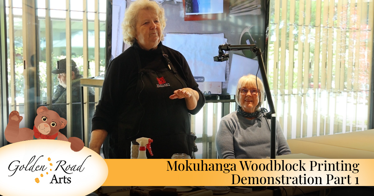 Mokuhanga woodblock printing demonstration with tools and materials.